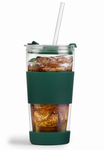 Kubek termiczny szklany ze słomką 600 ml zielony Fuori