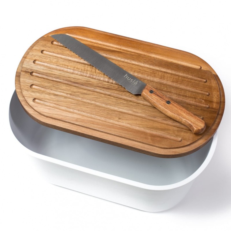 Chlebak z deską do krojenia i nożem HUSLA biały