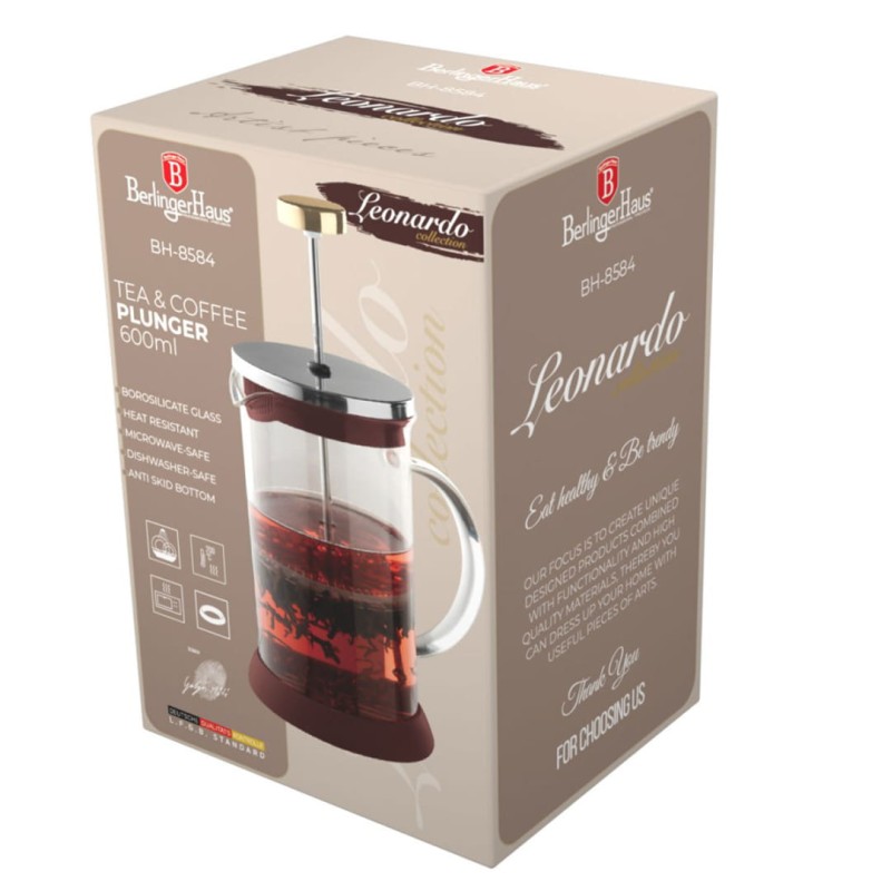 Zaparzacz tłokowy do kawy herbaty 600ml szklany BERLINGER HAUS Leonardo