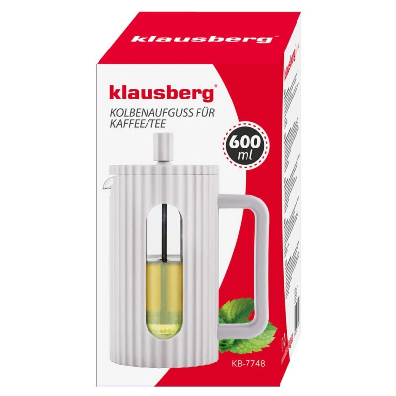Zaparzacz tłokowy French Press do kawy herbaty 600ml KLAUSBERG KB-7748 biały