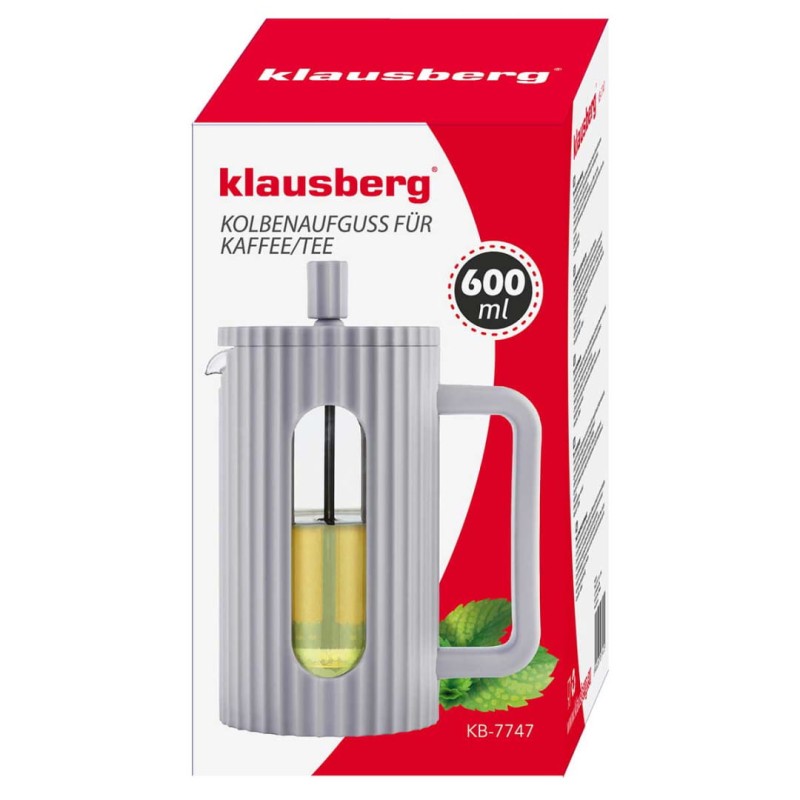 Zaparzacz tłokowy French Press do kawy herbaty 600ml KLAUSBERG KB-7747 szary