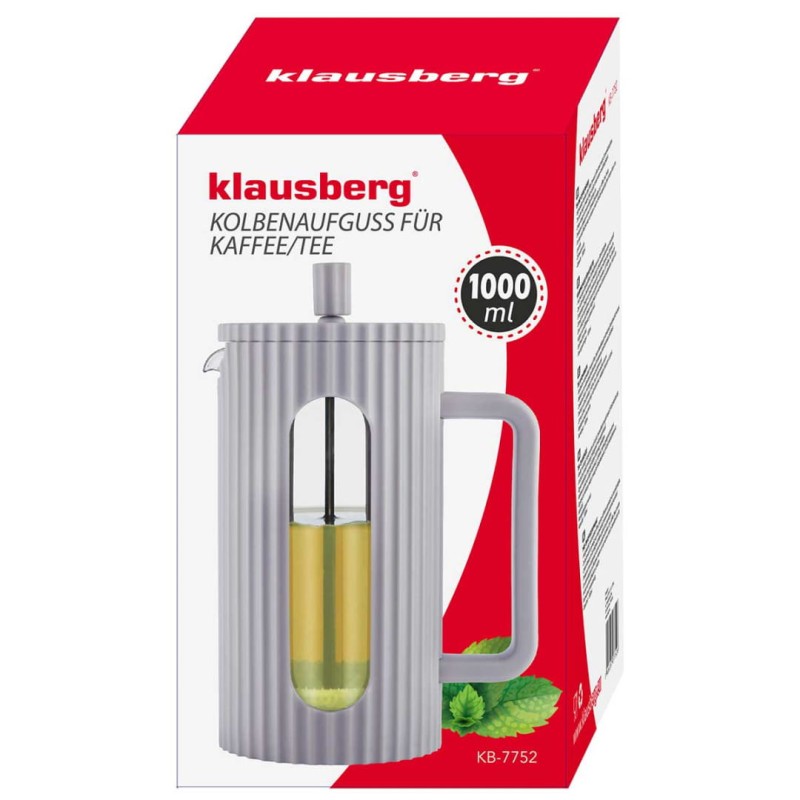 Zaparzacz tłokowy French Press do kawy herbaty 1000ml KLAUSBERG KB-7752 szary