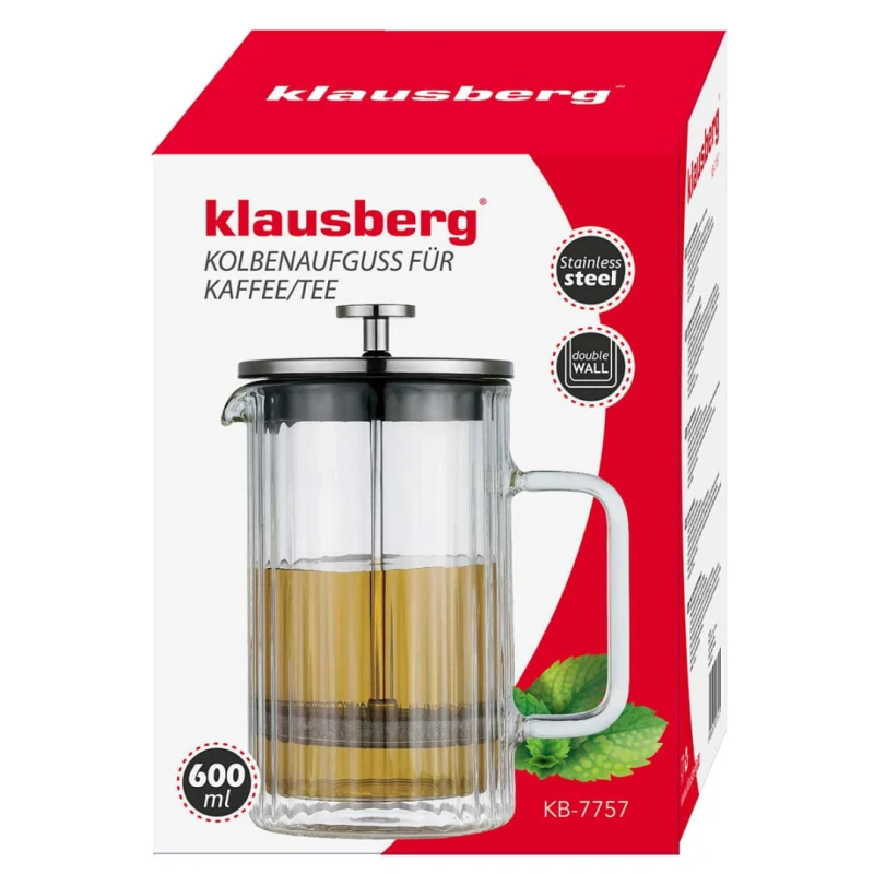Zaparza tłokowy French Press do kawy herbaty szklany 600ml KLAUSBERG