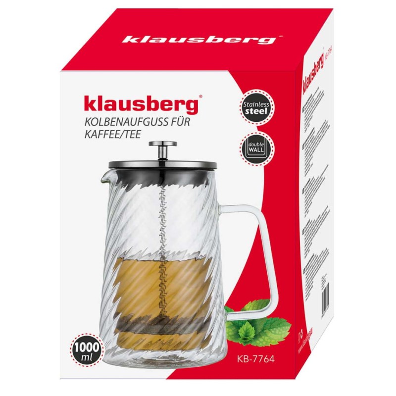 Zaparza tłokowy French Press do kawy herbaty szklany 1000ml KLAUSBERG
