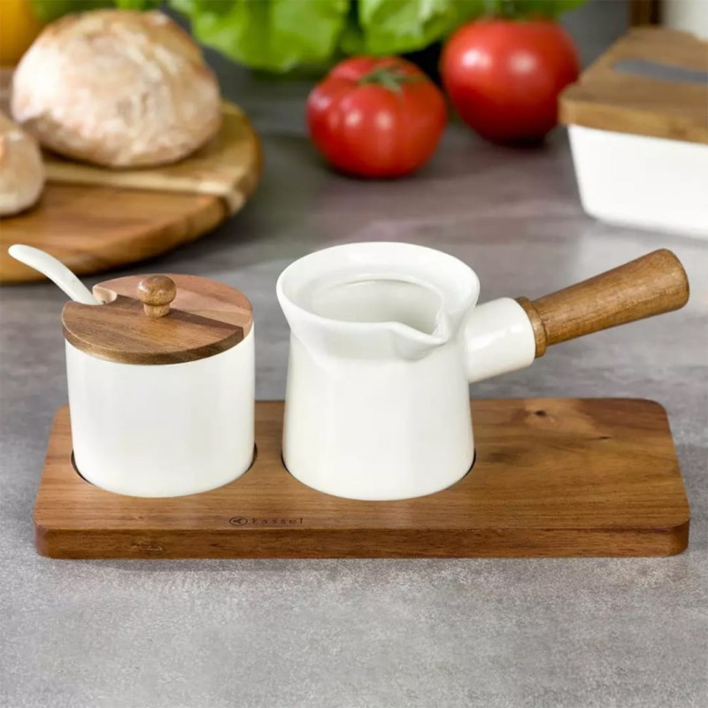 Mlecznik i cukiernica porcelanowa KASSEL drewniana podstawka i pokrywka