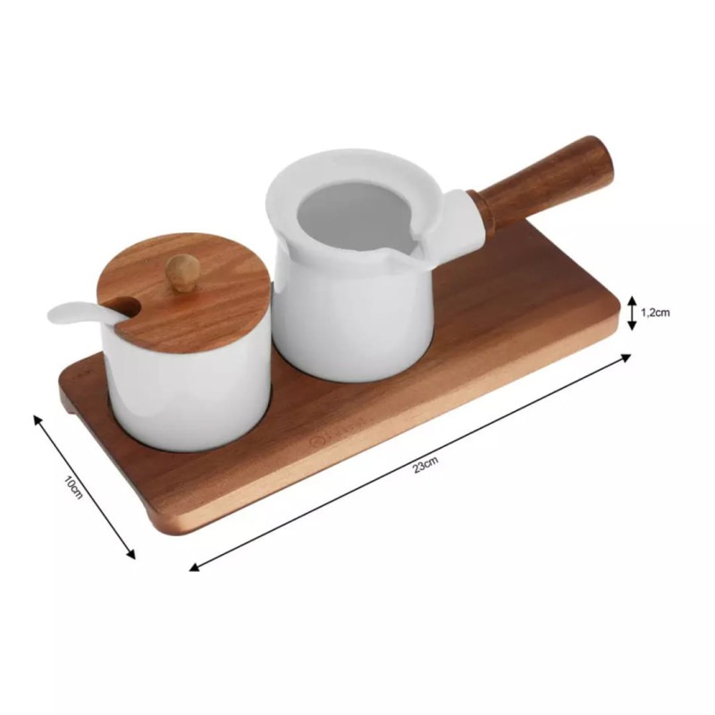 Mlecznik i cukiernica porcelanowa KASSEL drewniana podstawka i pokrywka