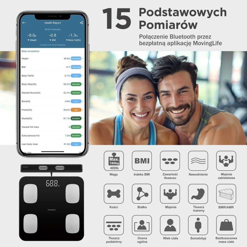 Waga łazienkowa analityczna SMART IOS ANDROID KLAUSBERG czarna
