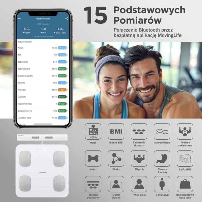 Waga łazienkowa analityczna SMART IOS ANDROID KLAUSBERG biała