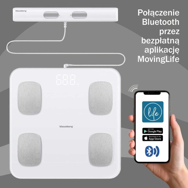 Waga łazienkowa analityczna SMART IOS ANDROID KLAUSBERG biała