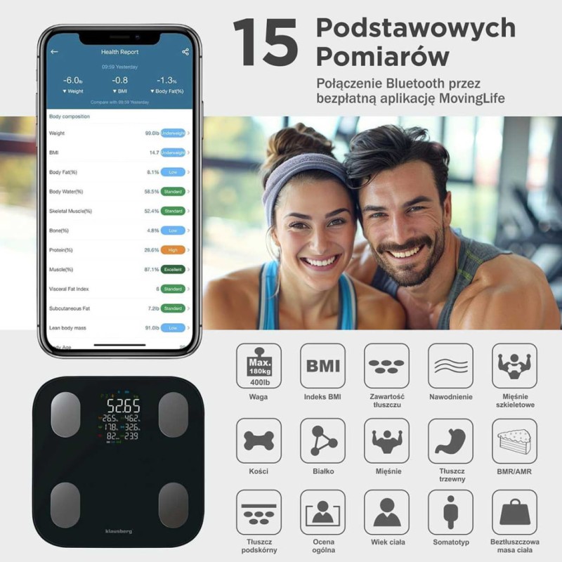 Waga łazienkowa analityczna SMART IOS ANDROID KLAUSBERG czarna