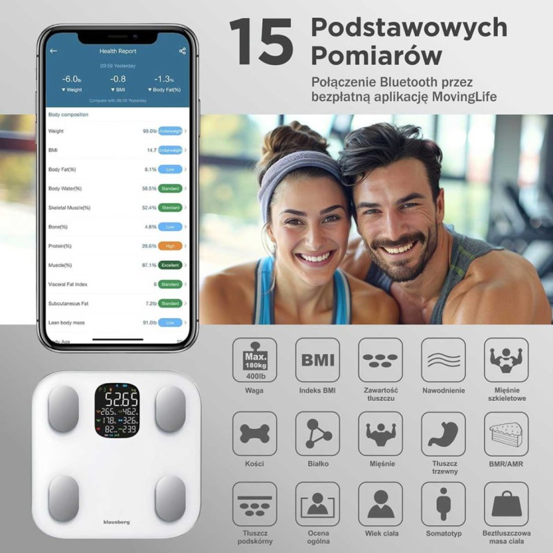 Waga łazienkowa analityczna SMART IOS ANDROID KLAUSBERG biała