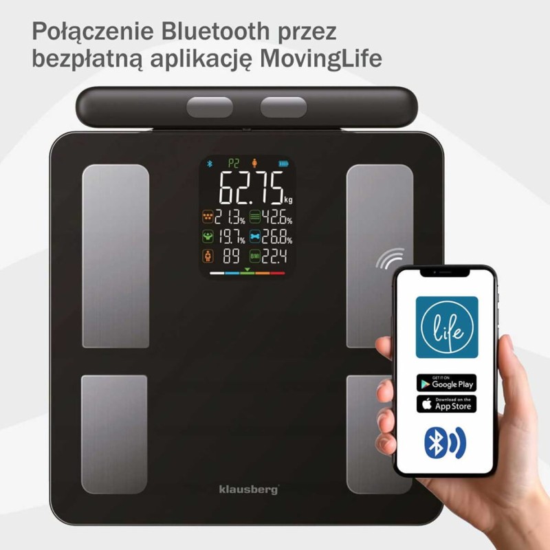 Waga łazienkowa analityczna SMART IOS ANDROID KLAUSBERG czarna