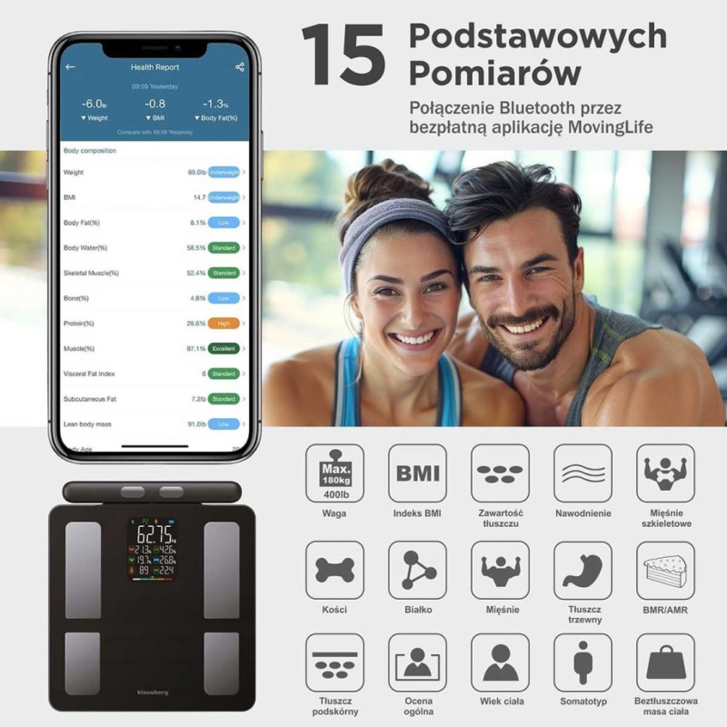 Waga łazienkowa analityczna SMART IOS ANDROID KLAUSBERG czarna