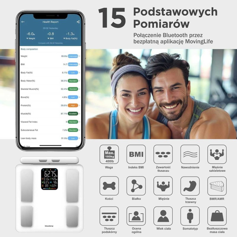 Waga łazienkowa analityczna SMART IOS ANDROID KLAUSBERG biała