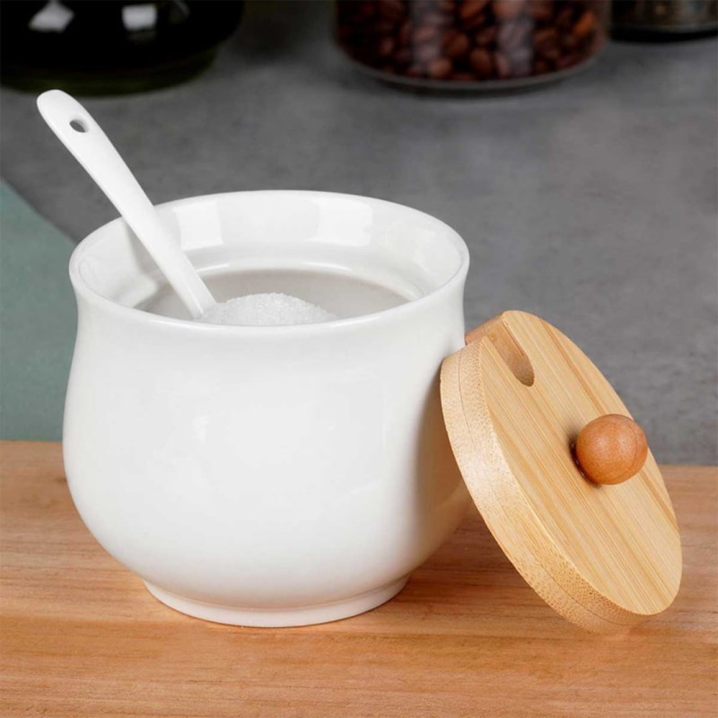 Cukiernica cukierniczka ceramiczna 9cm z łyżeczką i drewnianą pokrywką