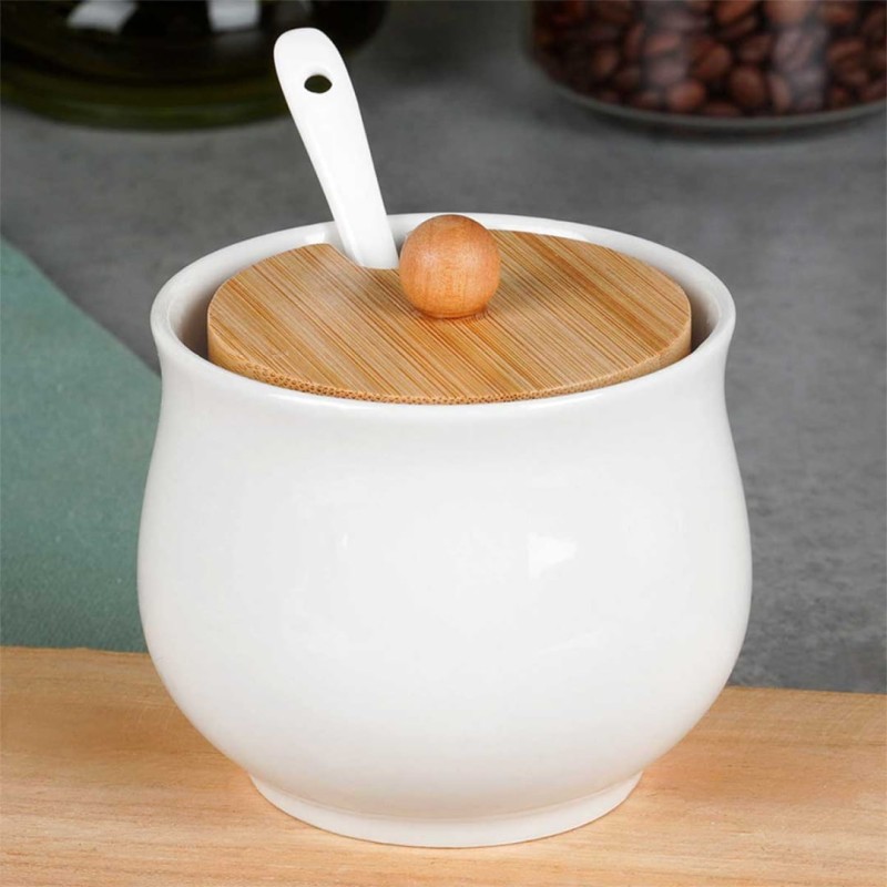 Cukiernica cukierniczka ceramiczna 9cm z łyżeczką i drewnianą pokrywką