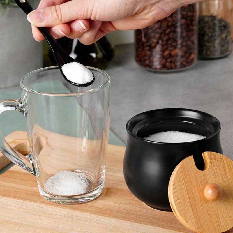 Cukiernica cukierniczka ceramiczna 9cm z łyżeczką i drewnianą pokrywką czarna