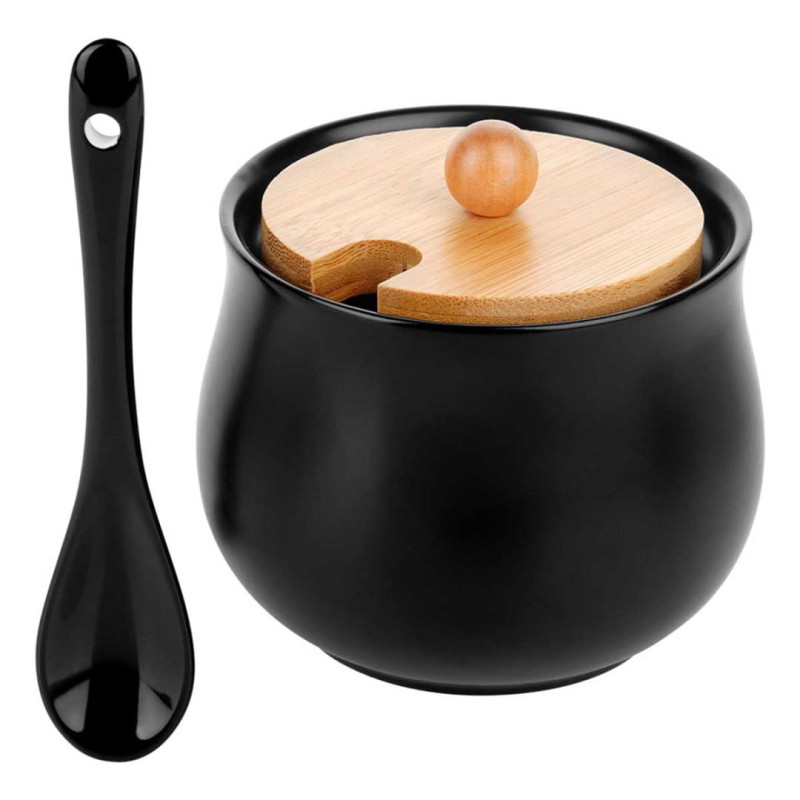 Cukiernica cukierniczka ceramiczna 9cm z łyżeczką i drewnianą pokrywką czarna