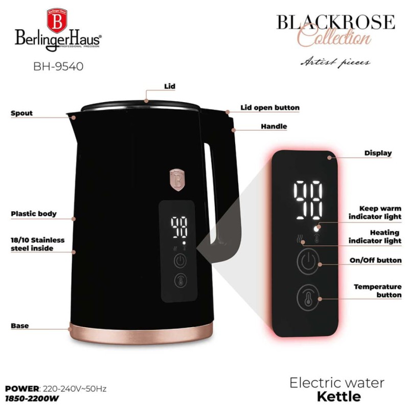 Czajnik elektryczny 1,7L + toster cyfrowy BERLINGER HAUS BLACK ROSE