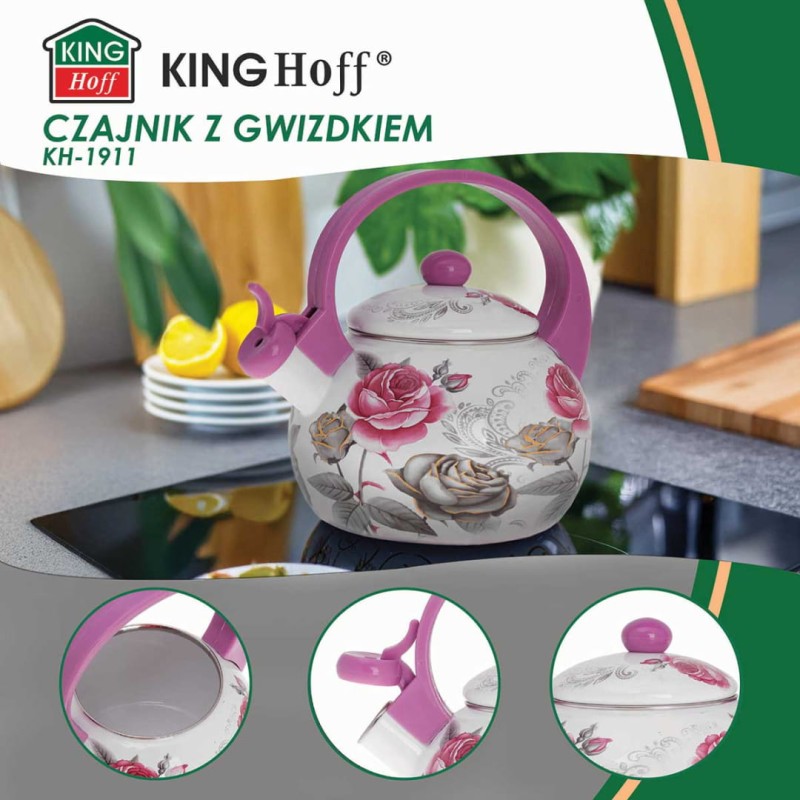 Czajnik emaliowany 2L z gwizdkiem KINGHOFF kwiaty
