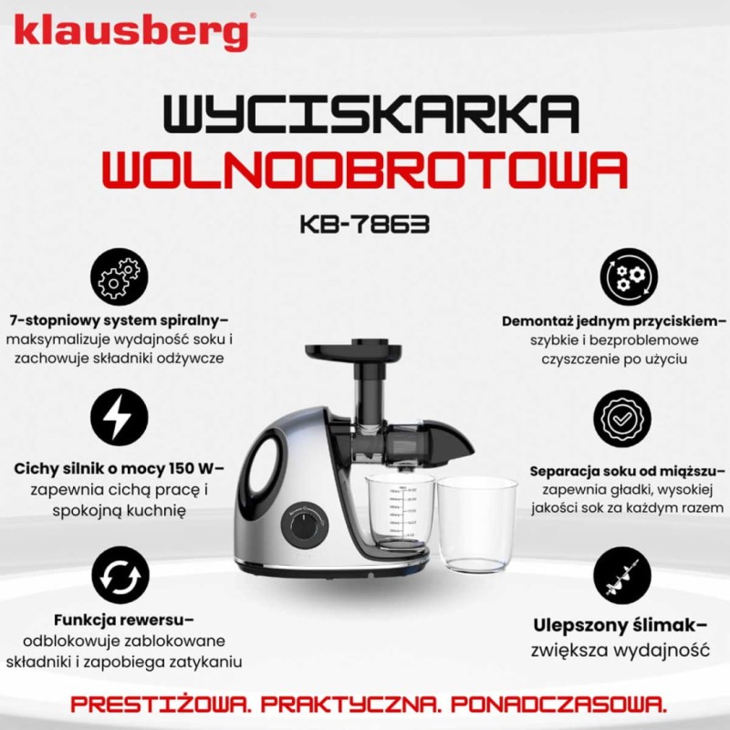 Sokowirówka wyciskarka wolnoobrotowa KLAUSBERG srebrna