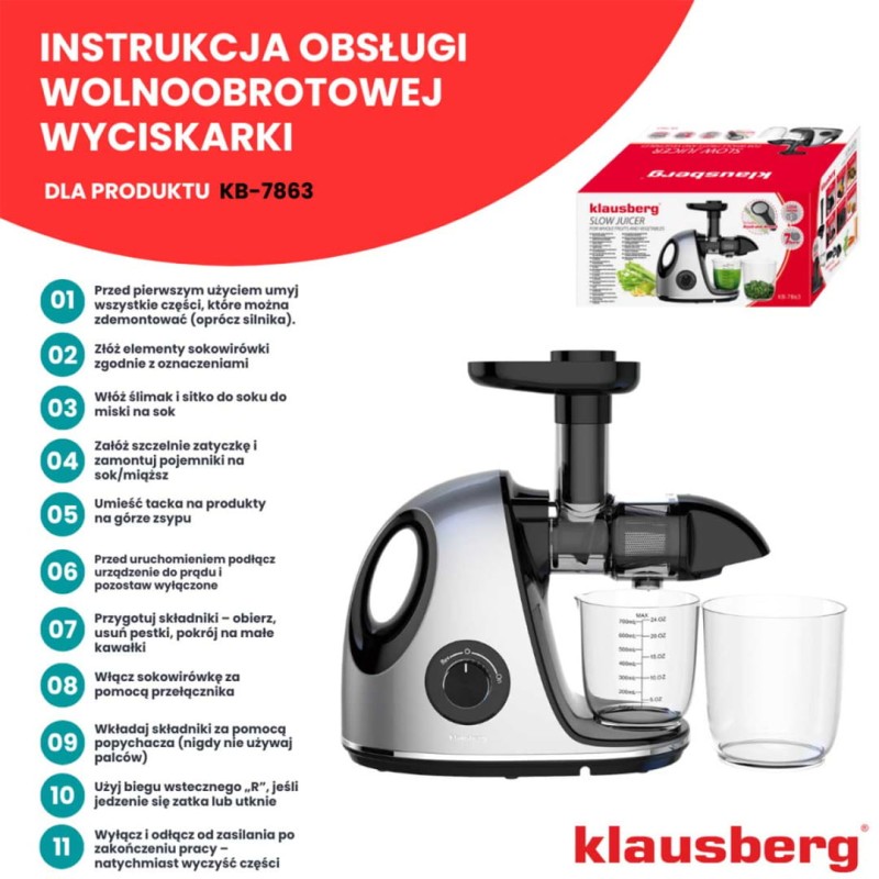 Sokowirówka wyciskarka wolnoobrotowa KLAUSBERG srebrna