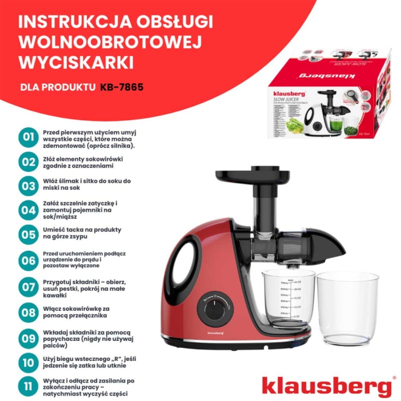 Sokowirówka wyciskarka wolnoobrotowa KLAUSBERG czerwona