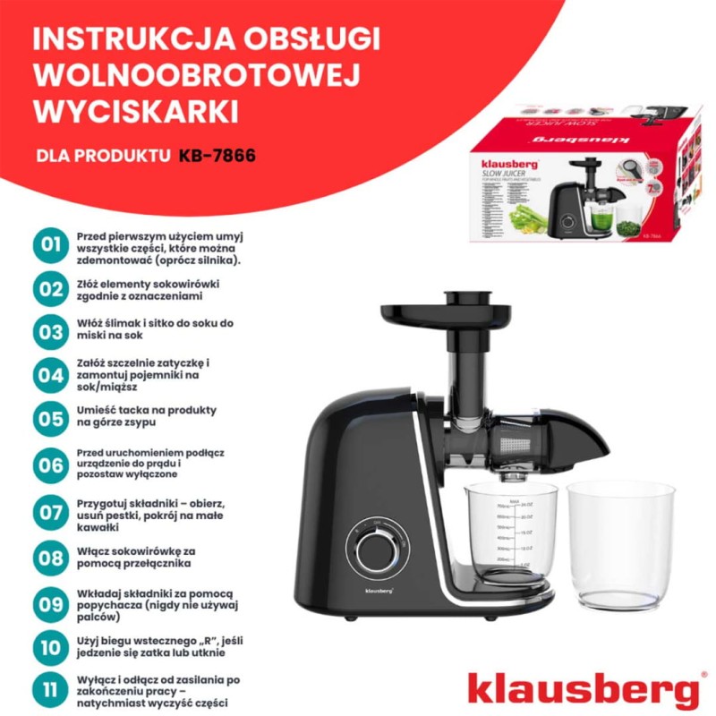 Sokowirówka wyciskarka wolnoobrotowa czarna KLAUSBERG
