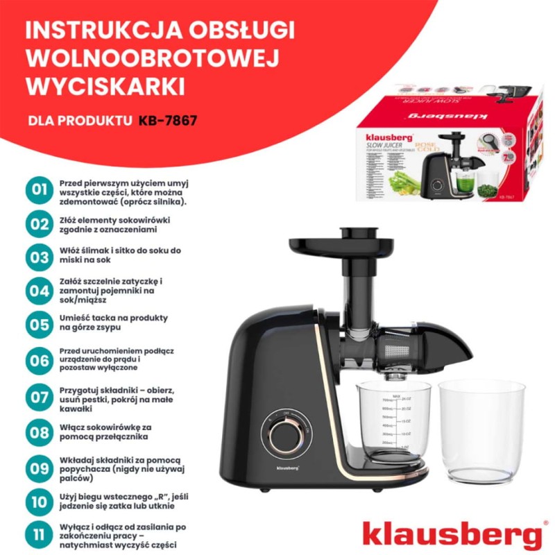 Sokowirówka wyciskarka wolnoobrotowa KLAUSBERG czarno-złota
