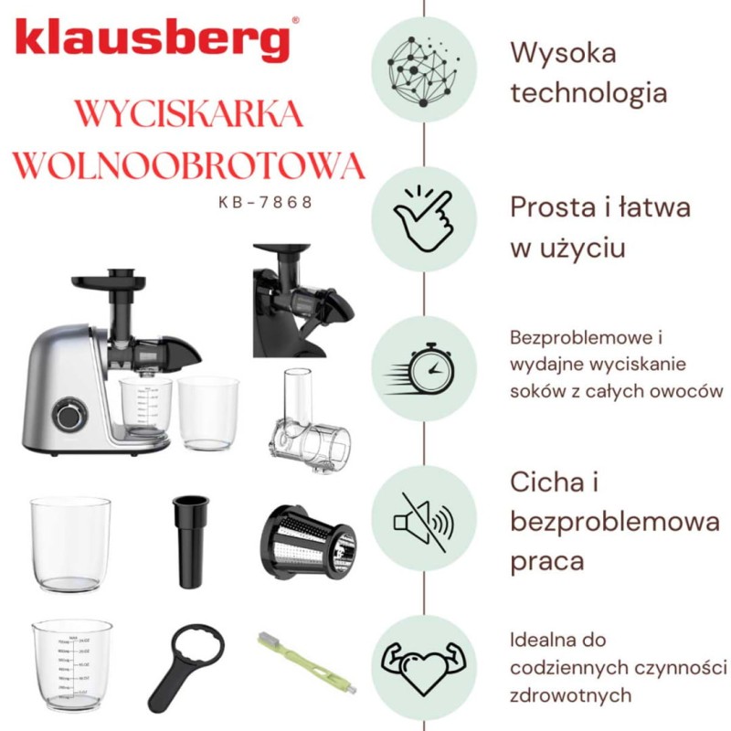 Sokowirówka wyciskarka wolnoobrotowa srebrna KLAUSBERG