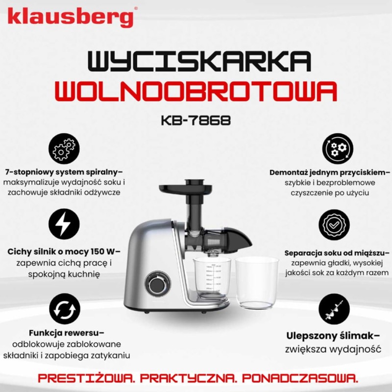 Sokowirówka wyciskarka wolnoobrotowa srebrna KLAUSBERG