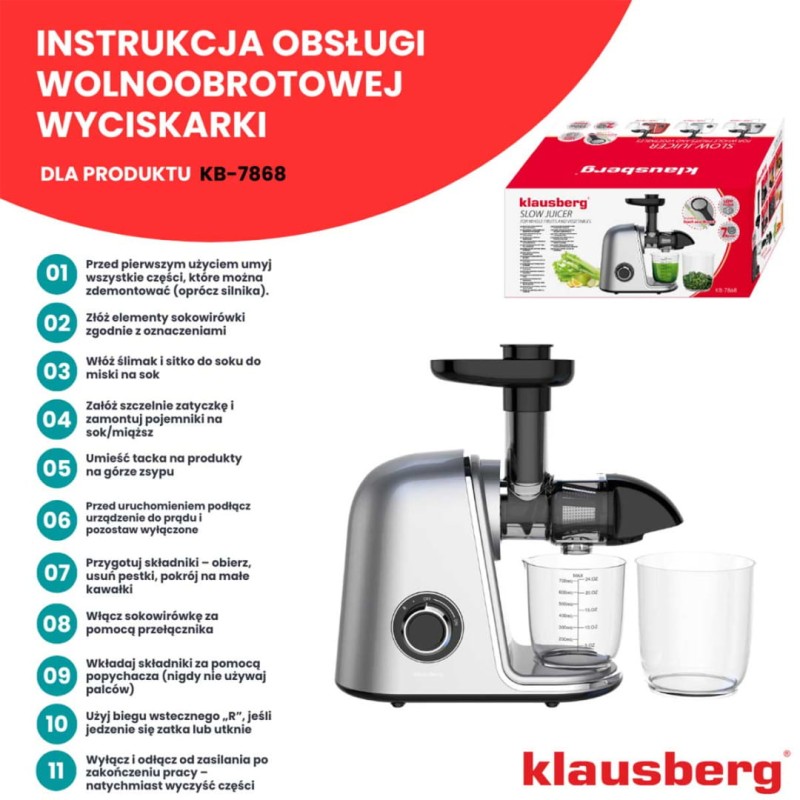 Sokowirówka wyciskarka wolnoobrotowa srebrna KLAUSBERG
