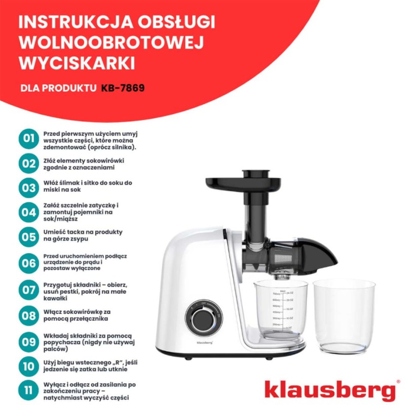 Sokowirówka wyciskarka wolnoobrotowa biała KLAUSBERG
