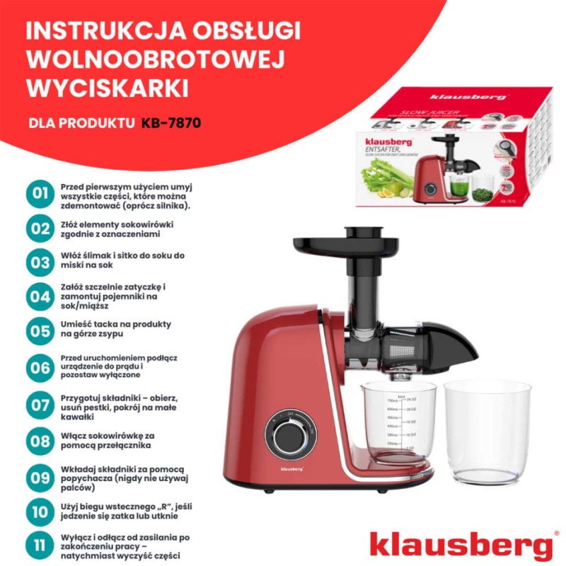 Sokowirówka wyciskarka wolnoobrotowa czerwona KLAUSBERG