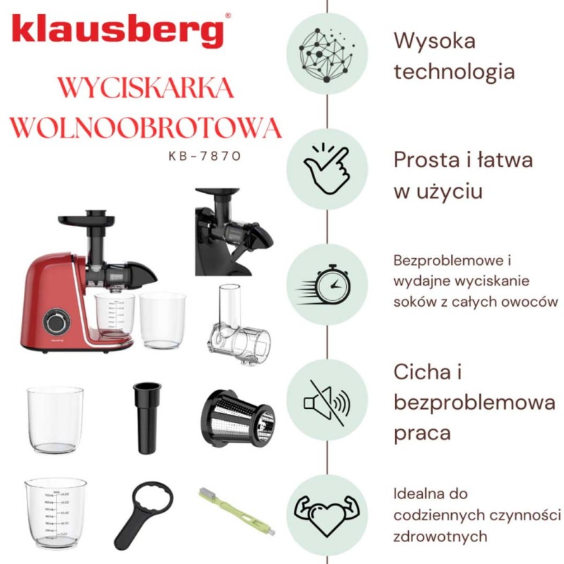 Sokowirówka wyciskarka wolnoobrotowa czerwona KLAUSBERG