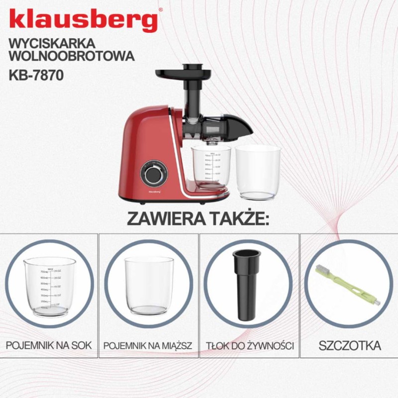 Sokowirówka wyciskarka wolnoobrotowa czerwona KLAUSBERG