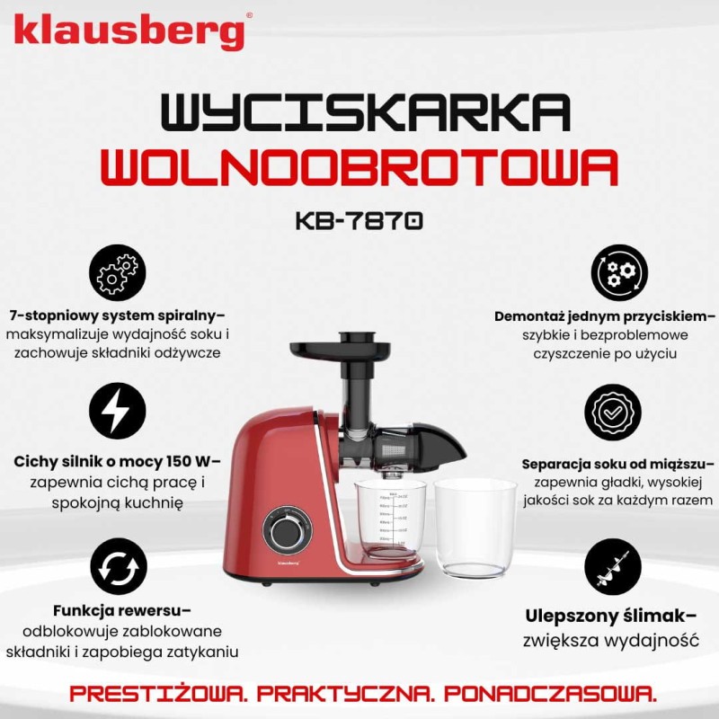 Sokowirówka wyciskarka wolnoobrotowa czerwona KLAUSBERG
