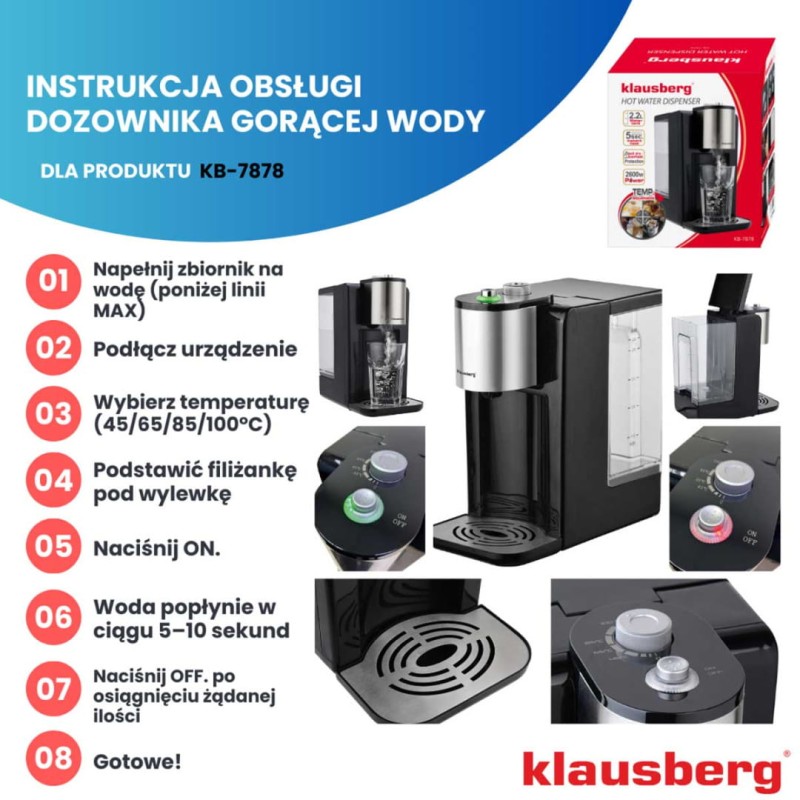 Dyspenser dozownik gorącej wody 2,2L KLAUSBERG czarny