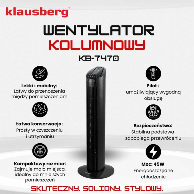 Wentylator kolumnowy podłogowy z pilotem KLAUSBERG 45W