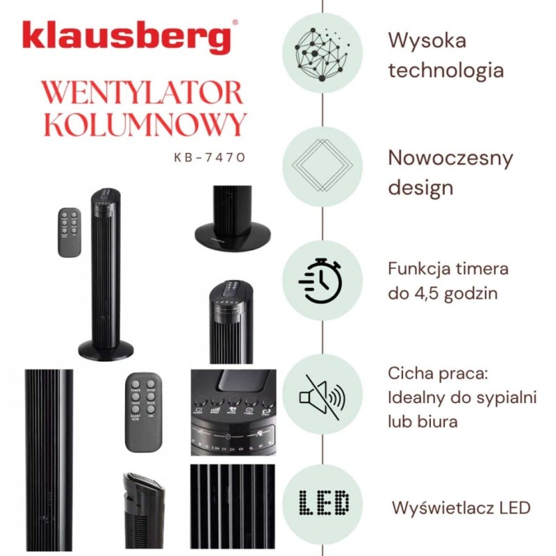 Wentylator kolumnowy podłogowy z pilotem KLAUSBERG 45W