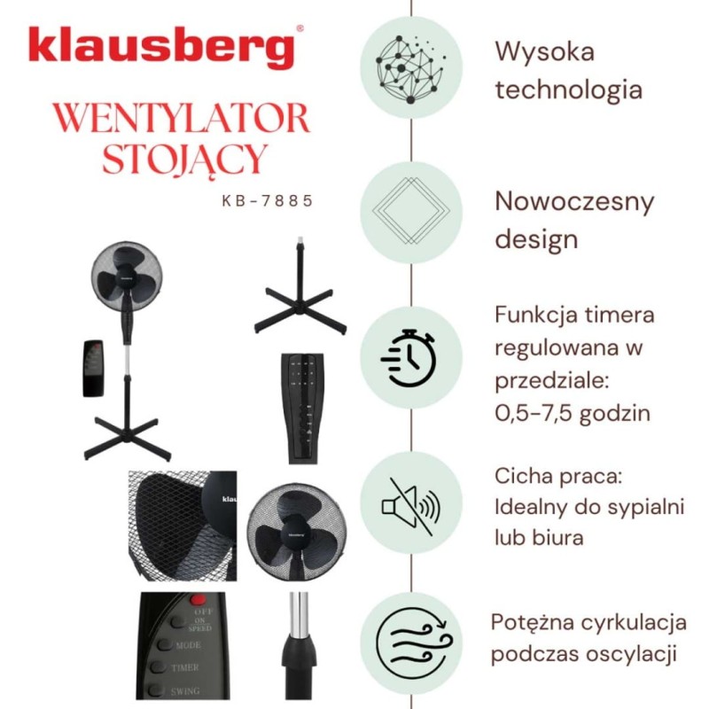 Wentylator wiatrak podłogowy z pilotem 40cm KLAUSBERG czarny