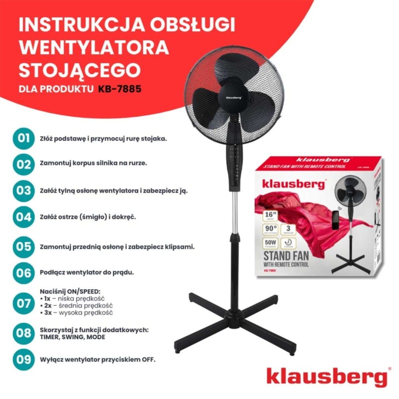 Wentylator wiatrak podłogowy z pilotem 40cm KLAUSBERG czarny