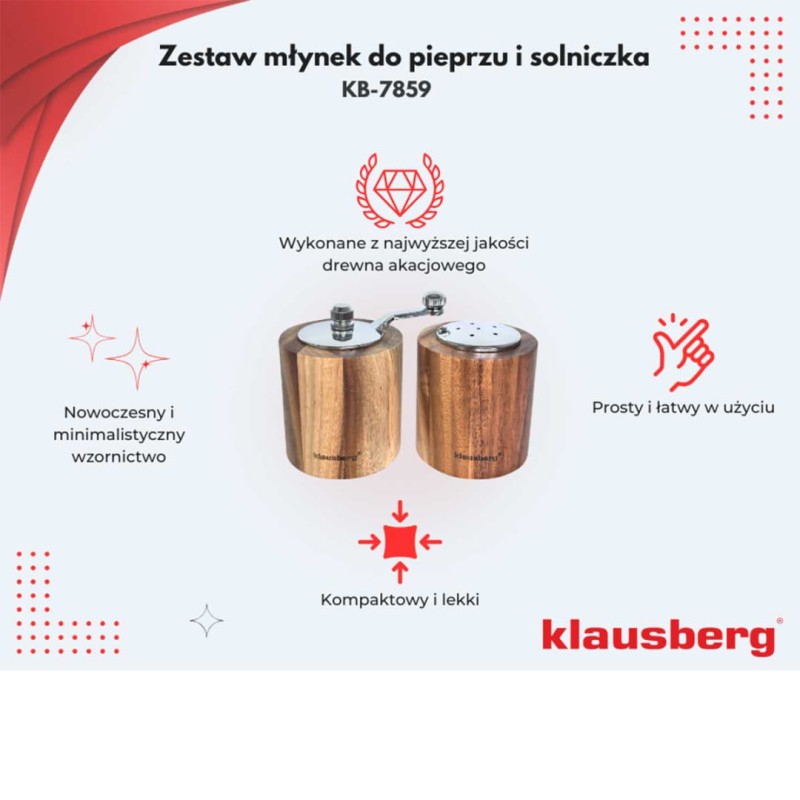 Zestaw młynków akacjowych do soli i pieprzu KLAUSBERG