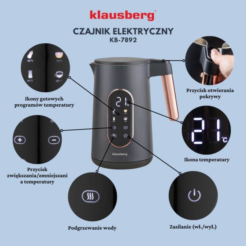 Czajnik elektryczny 1,7L KLAUSBERG LED czarno złoty ROSE GOLD