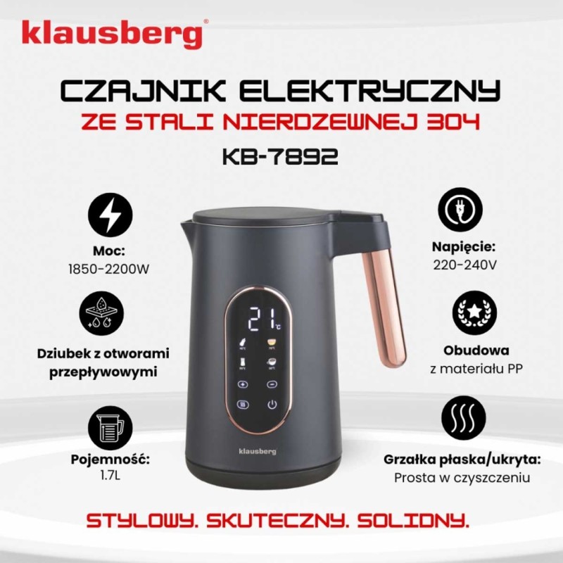 Czajnik elektryczny 1,7L KLAUSBERG LED czarno złoty ROSE GOLD