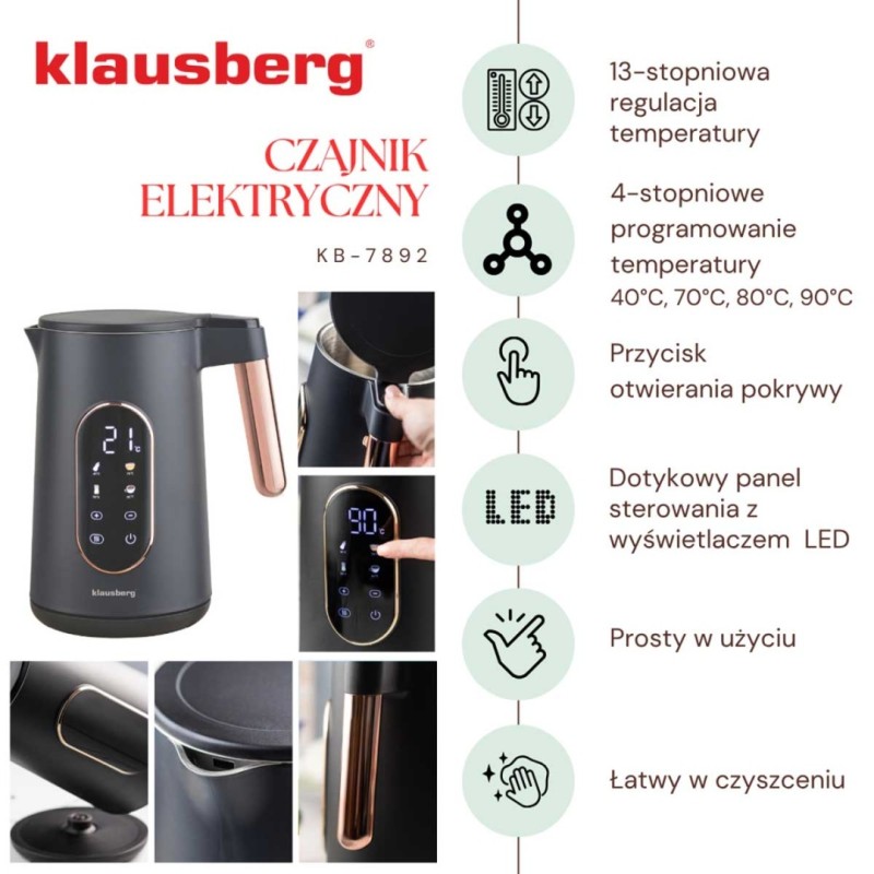 Czajnik elektryczny 1,7L KLAUSBERG LED czarno złoty ROSE GOLD