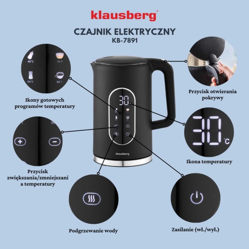 Czajnik elektryczny 1,7L KLAUSBERG czarny LED regulacja temperatury