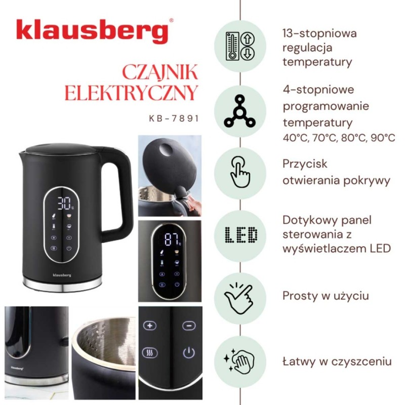 Czajnik elektryczny 1,7L KLAUSBERG czarny LED regulacja temperatury