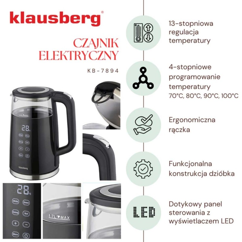 Czajnik elektryczny 1,7L KLAUSBERG LED regulacja temperatury