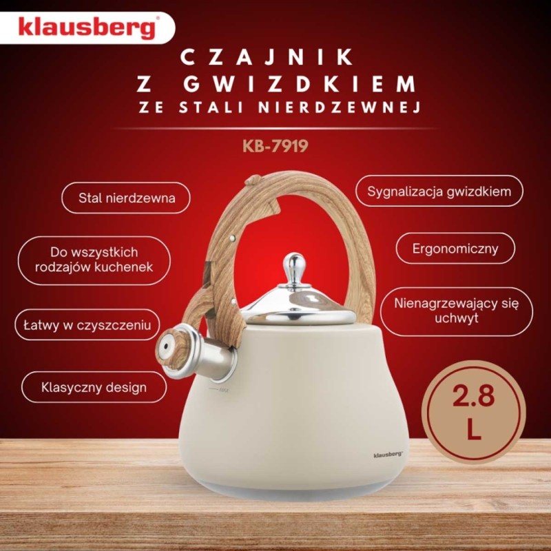 Czajnik stalowy z gwizdkiem 2,8L KLAUSBERG beżowy
